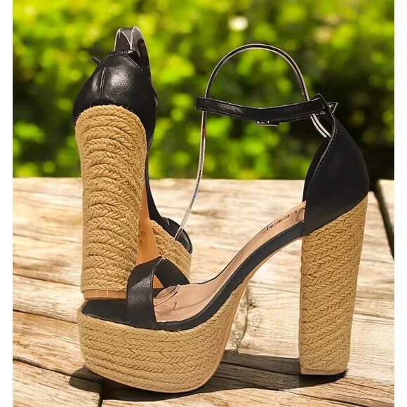 Black Platform High Heel Sandals With Woven Straw Sole & Ankle Strap Heel Chic - Picture 3 of 9
